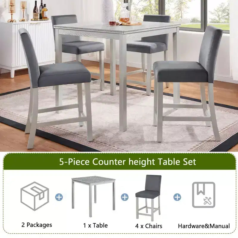5 Piece Counter Height Table Set with Square Table and 4 Upholstered Chairs, Counter Height Dining Table with Crystal Decoration and Chair Set