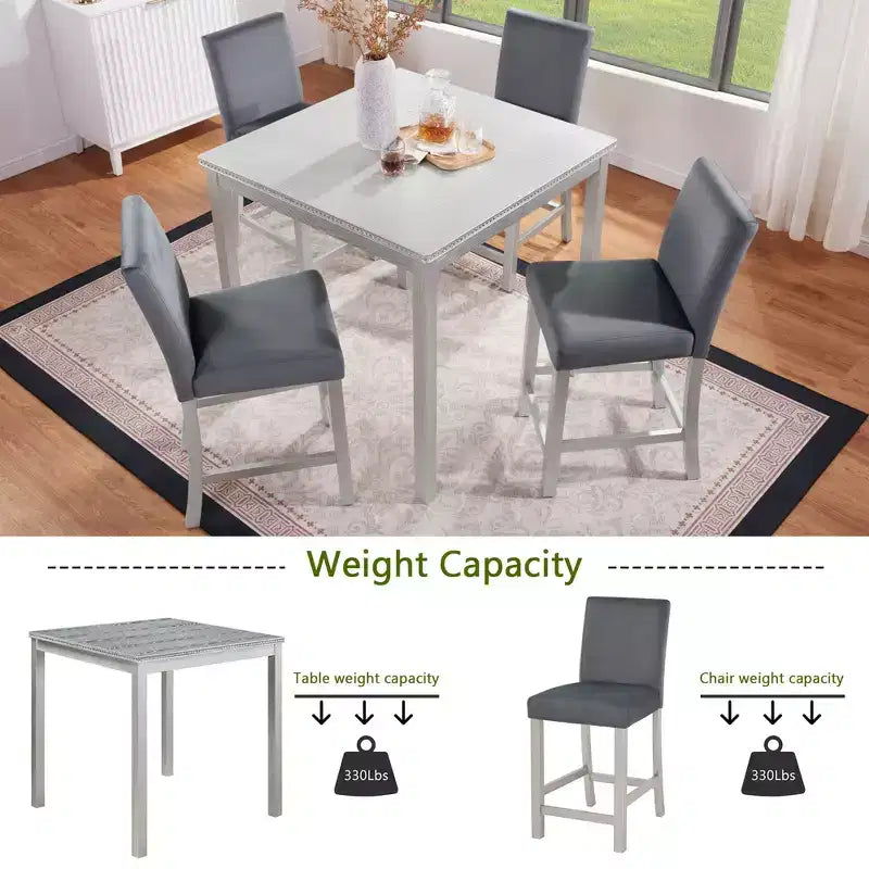 5 Piece Counter Height Table Set with Square Table and 4 Upholstered Chairs, Counter Height Dining Table with Crystal Decoration and Chair Set