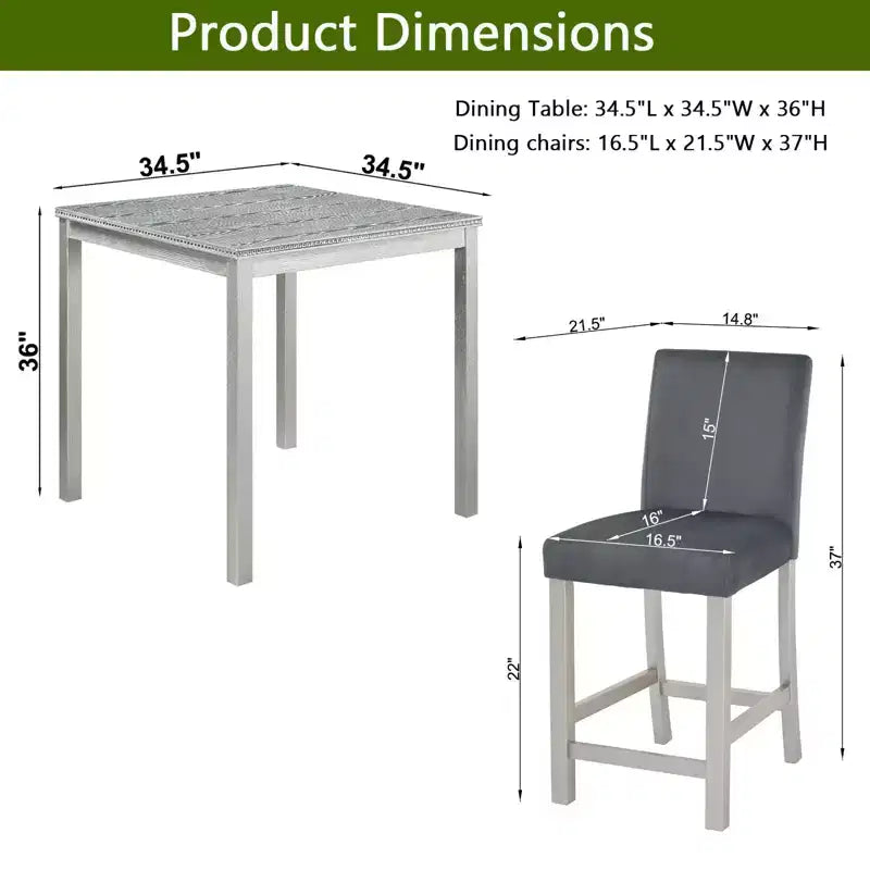 5 Piece Counter Height Table Set with Square Table and 4 Upholstered Chairs, Counter Height Dining Table with Crystal Decoration and Chair Set