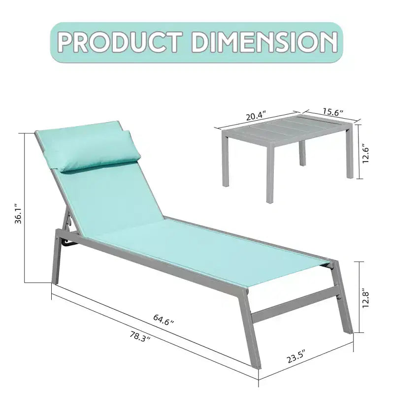 Okak Patio Lounge Chairs Set of 3 with Side Table,Aluminium Pool Outdoor Chaise Lounge for Patio,Beach,Yard