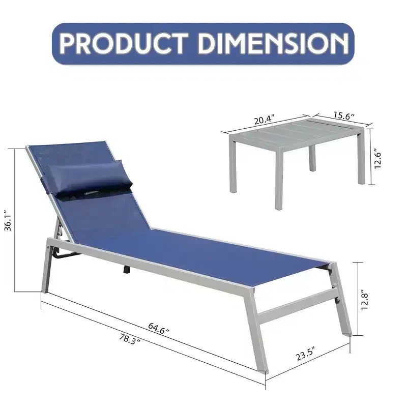 Okak Patio Lounge Chairs Set of 3 with Side Table,Aluminium Pool Outdoor Chaise Lounge for Patio,Beach,Yard