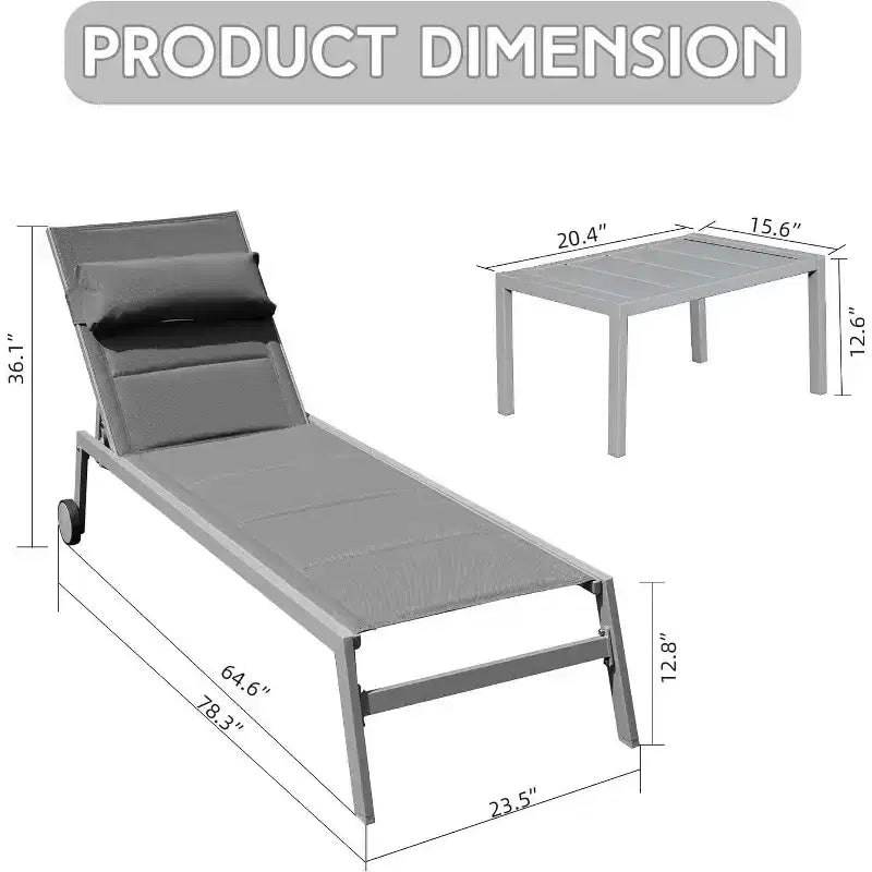 Okak Patio Lounge Chairs Set of 3 with Side Table,Aluminium Pool Outdoor Chaise Lounge for Patio,Beach,Yard
