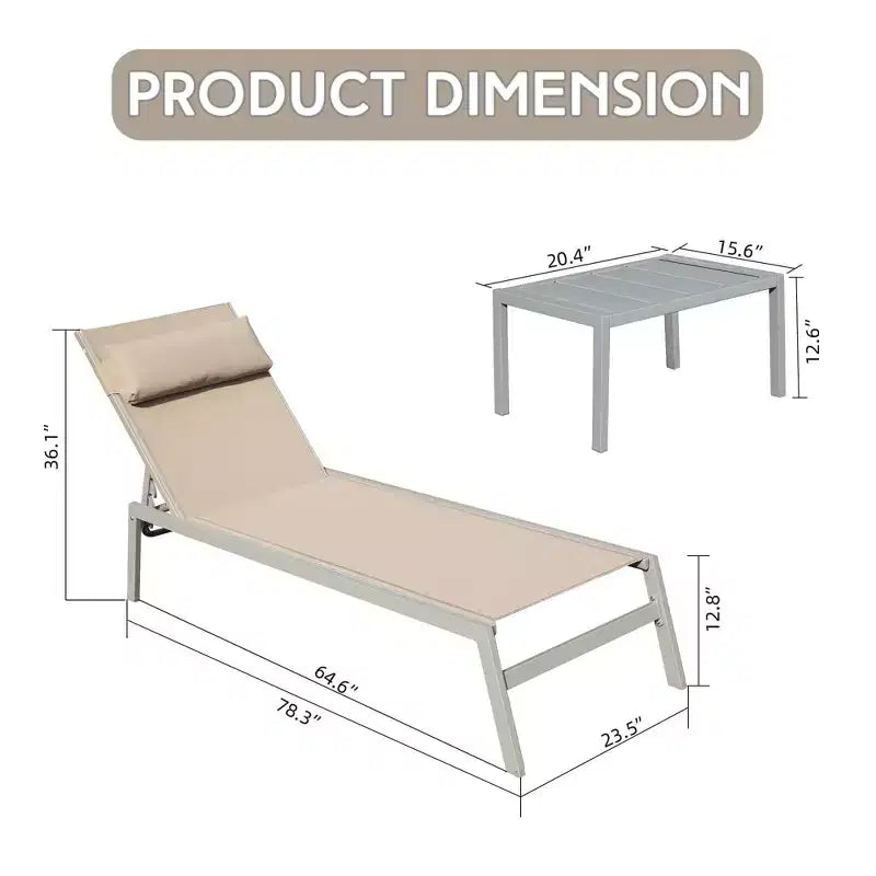 Okak Patio Lounge Chairs Set of 3 with Side Table,Aluminium Pool Outdoor Chaise Lounge for Patio,Beach,Yard