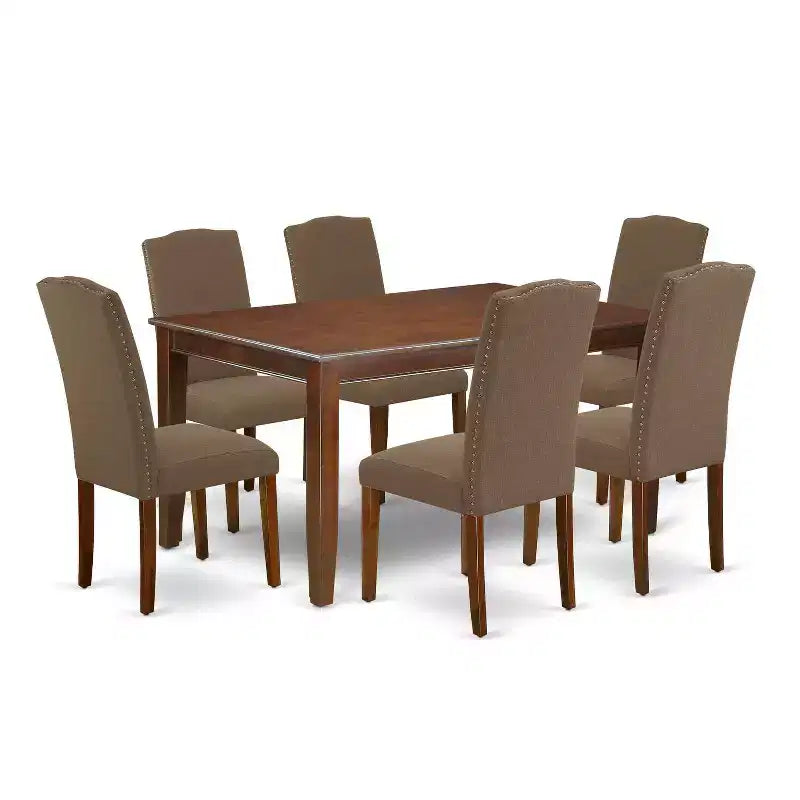 HomeStock 7 Piece Mid-Century Dining Set Dark Coffee Linen Chairs 36x60 Table