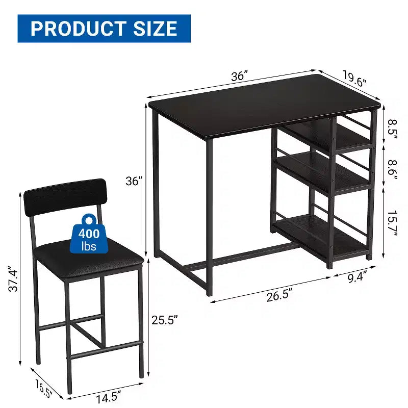 Counter Height Kitchen Table with 2 Upholstered Bar Stools, Wood Dining Table Chairs Set for 2 with Storage Shelves, for Small Space, Apartment