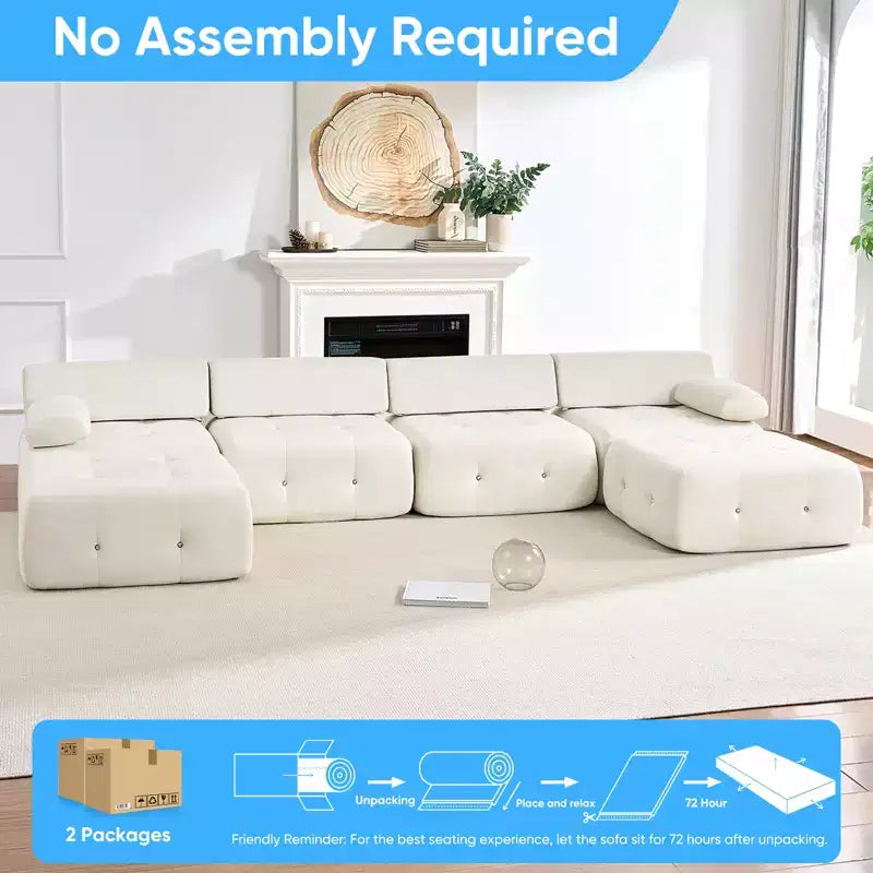 Mjkone U-Shaped Velvet Modular Sectional Sofa With free Combination Ottoman,Convertible 4-Seater Sofa with Rivet Trim