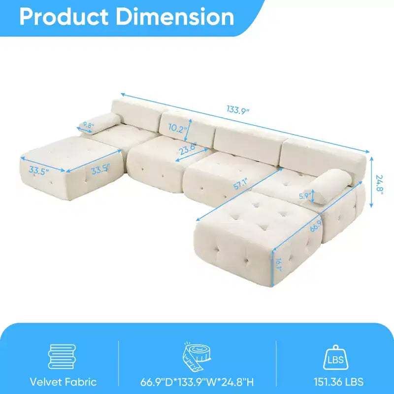 Mjkone U-Shaped Velvet Modular Sectional Sofa With free Combination Ottoman,Convertible 4-Seater Sofa with Rivet Trim