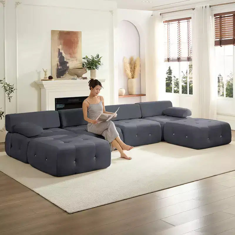 Mjkone U-Shaped Velvet Modular Sectional Sofa With free Combination Ottoman,Convertible 4-Seater Sofa with Rivet Trim