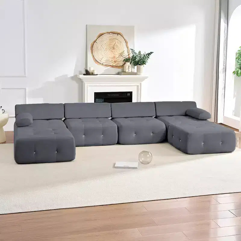 Mjkone U-Shaped Velvet Modular Sectional Sofa With free Combination Ottoman,Convertible 4-Seater Sofa with Rivet Trim