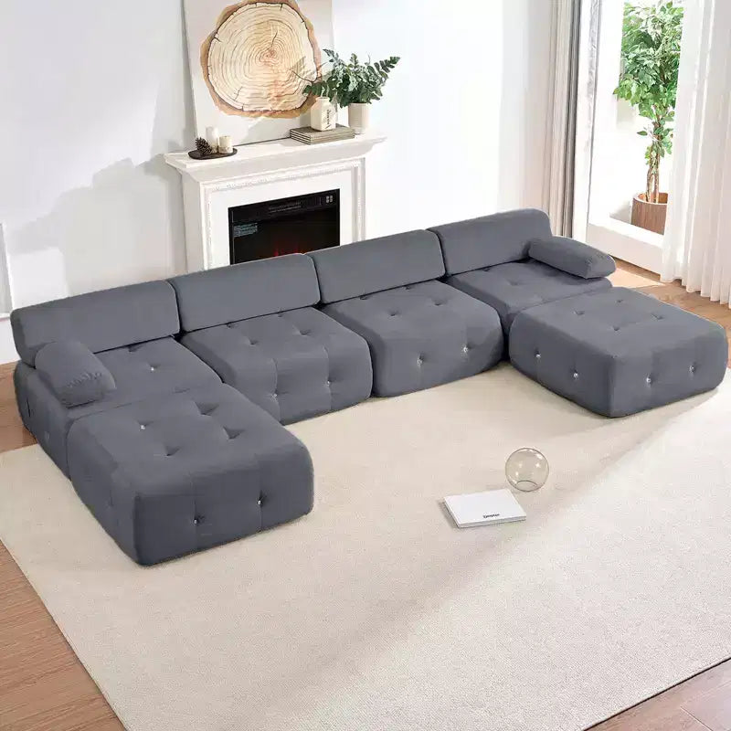 Mjkone U-Shaped Velvet Modular Sectional Sofa With free Combination Ottoman,Convertible 4-Seater Sofa with Rivet Trim