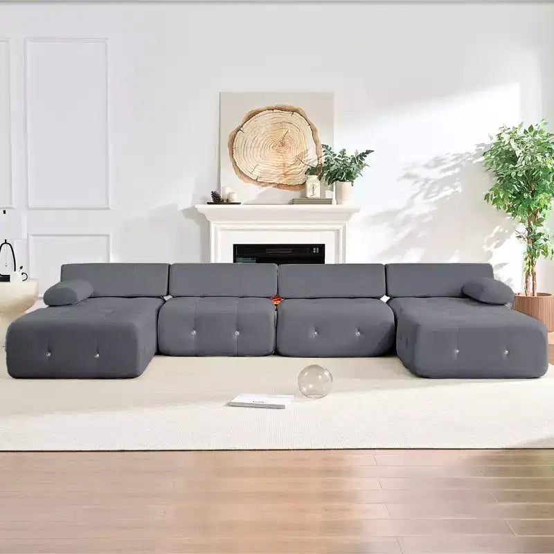 Mjkone U-Shaped Velvet Modular Sectional Sofa With free Combination Ottoman,Convertible 4-Seater Sofa with Rivet Trim