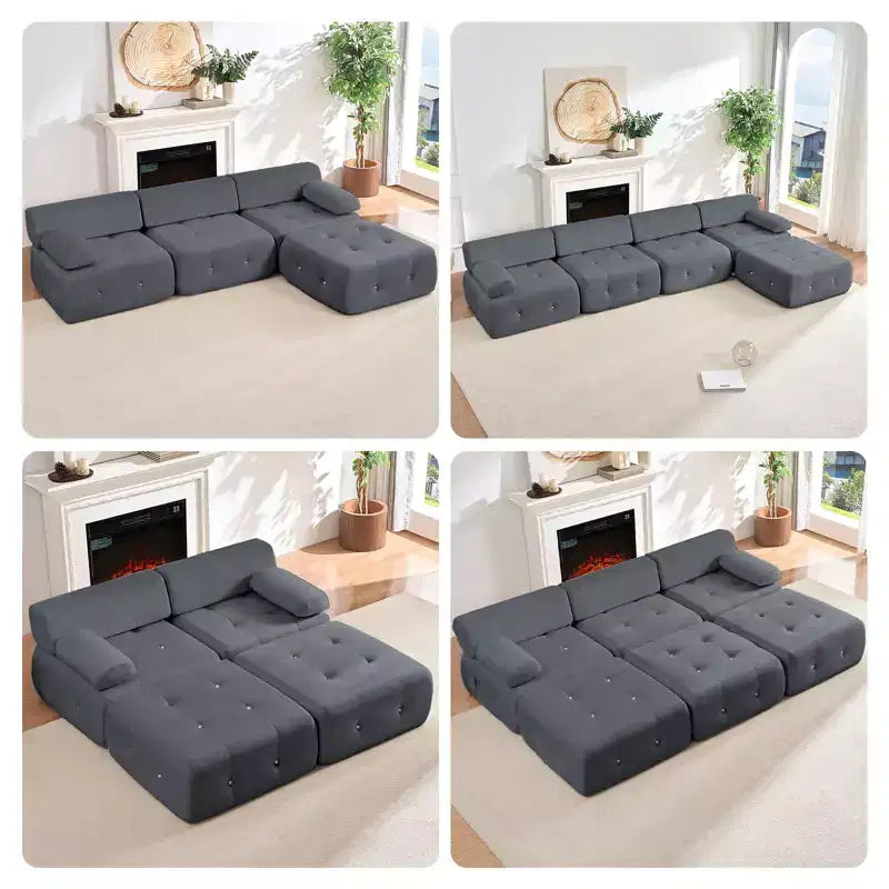 Mjkone U-Shaped Velvet Modular Sectional Sofa With free Combination Ottoman,Convertible 4-Seater Sofa with Rivet Trim