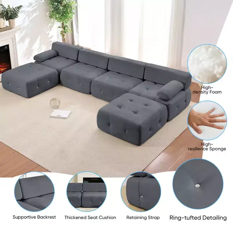 Mjkone U-Shaped Velvet Modular Sectional Sofa With free Combination Ottoman,Convertible 4-Seater Sofa with Rivet Trim