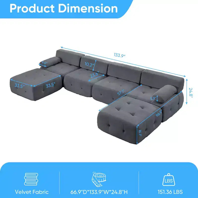 Mjkone U-Shaped Velvet Modular Sectional Sofa With free Combination Ottoman,Convertible 4-Seater Sofa with Rivet Trim