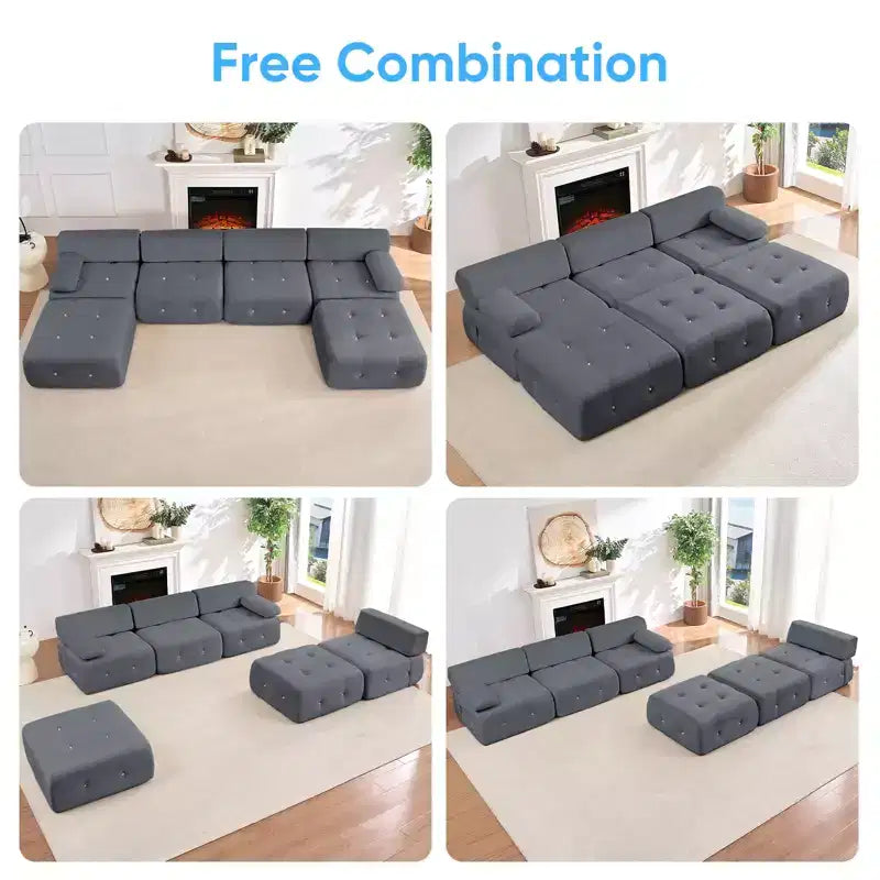 Mjkone U-Shaped Velvet Modular Sectional Sofa With free Combination Ottoman,Convertible 4-Seater Sofa with Rivet Trim