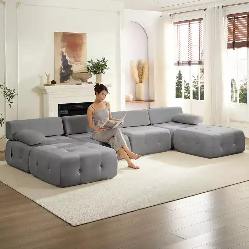Mjkone U-Shaped Velvet Modular Sectional Sofa With free Combination Ottoman,Convertible 4-Seater Sofa with Rivet Trim
