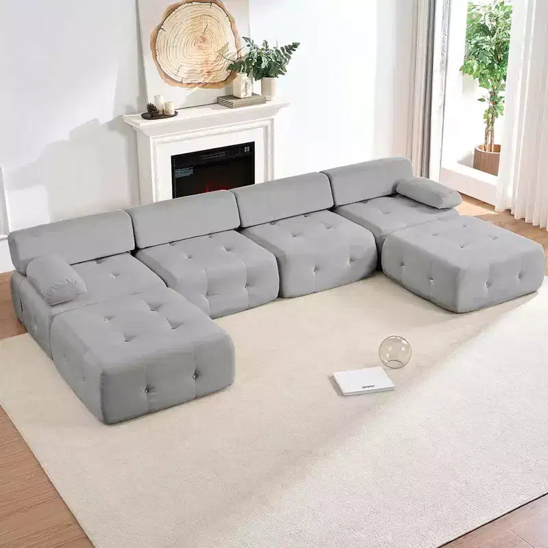 Mjkone U-Shaped Velvet Modular Sectional Sofa With free Combination Ottoman,Convertible 4-Seater Sofa with Rivet Trim
