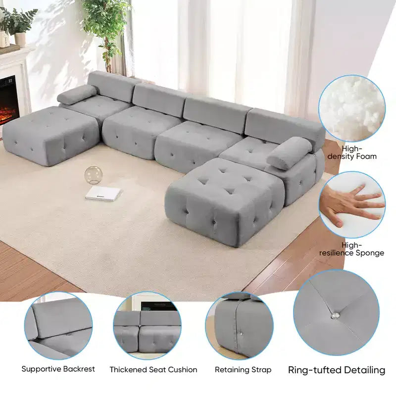Mjkone U-Shaped Velvet Modular Sectional Sofa With free Combination Ottoman,Convertible 4-Seater Sofa with Rivet Trim
