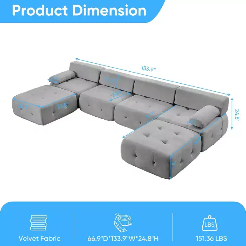 Mjkone U-Shaped Velvet Modular Sectional Sofa With free Combination Ottoman,Convertible 4-Seater Sofa with Rivet Trim