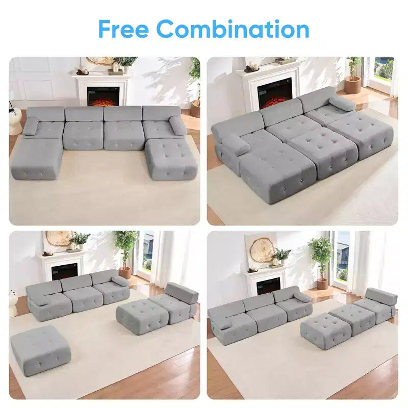 Mjkone U-Shaped Velvet Modular Sectional Sofa With free Combination Ottoman,Convertible 4-Seater Sofa with Rivet Trim