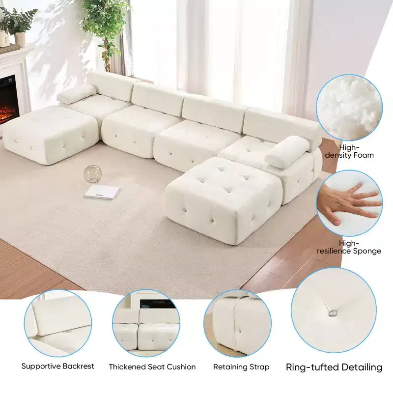 Mjkone U-Shaped Velvet Modular Sectional Sofa With free Combination Ottoman,Convertible 4-Seater Sofa with Rivet Trim