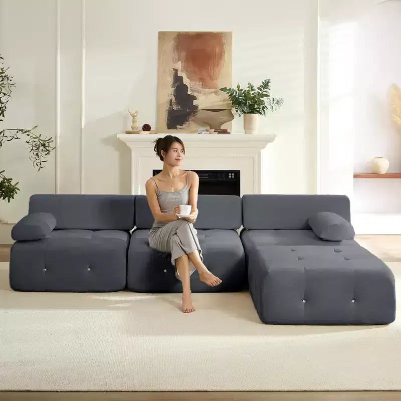 Mjkone L-Shaped Velvet 3-Seater Modular Sectional Sofa With Ottoman, Convertible Sofa Couches with Rivet Trim