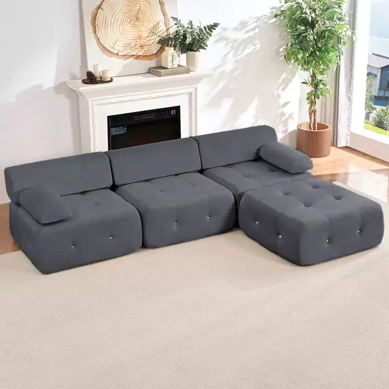 Mjkone L-Shaped Velvet 3-Seater Modular Sectional Sofa With Ottoman, Convertible Sofa Couches with Rivet Trim