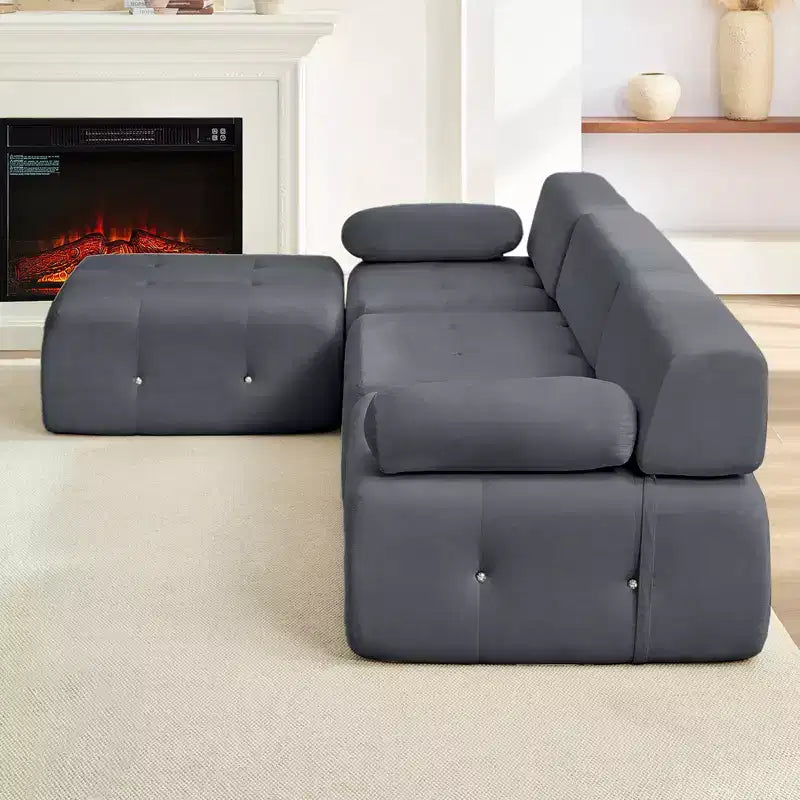 Mjkone L-Shaped Velvet 3-Seater Modular Sectional Sofa With Ottoman, Convertible Sofa Couches with Rivet Trim