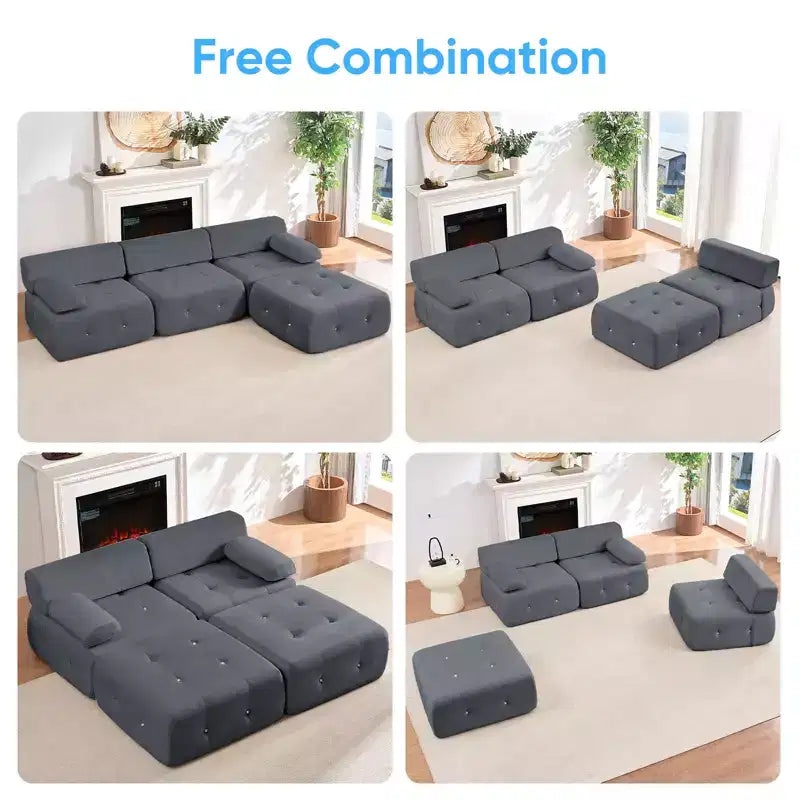 Mjkone L-Shaped Velvet 3-Seater Modular Sectional Sofa With Ottoman, Convertible Sofa Couches with Rivet Trim