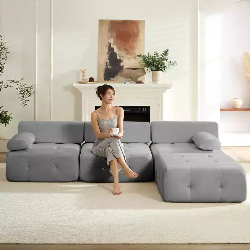 Mjkone L-Shaped Velvet 3-Seater Modular Sectional Sofa With Ottoman, Convertible Sofa Couches with Rivet Trim