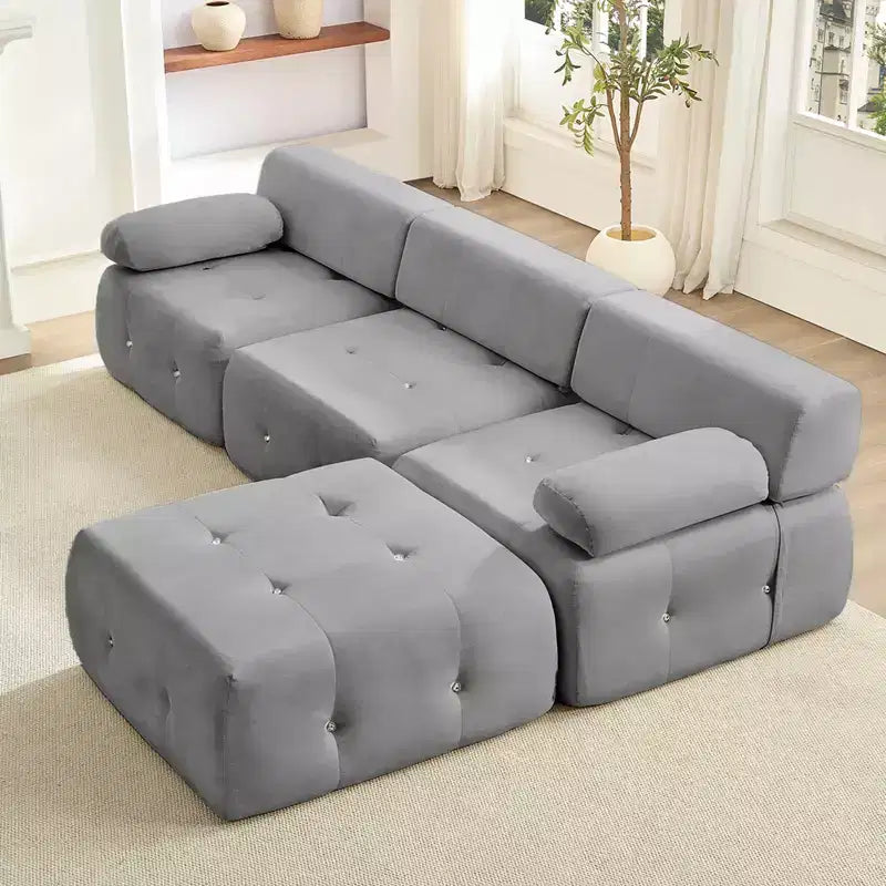 Mjkone L-Shaped Velvet 3-Seater Modular Sectional Sofa With Ottoman, Convertible Sofa Couches with Rivet Trim