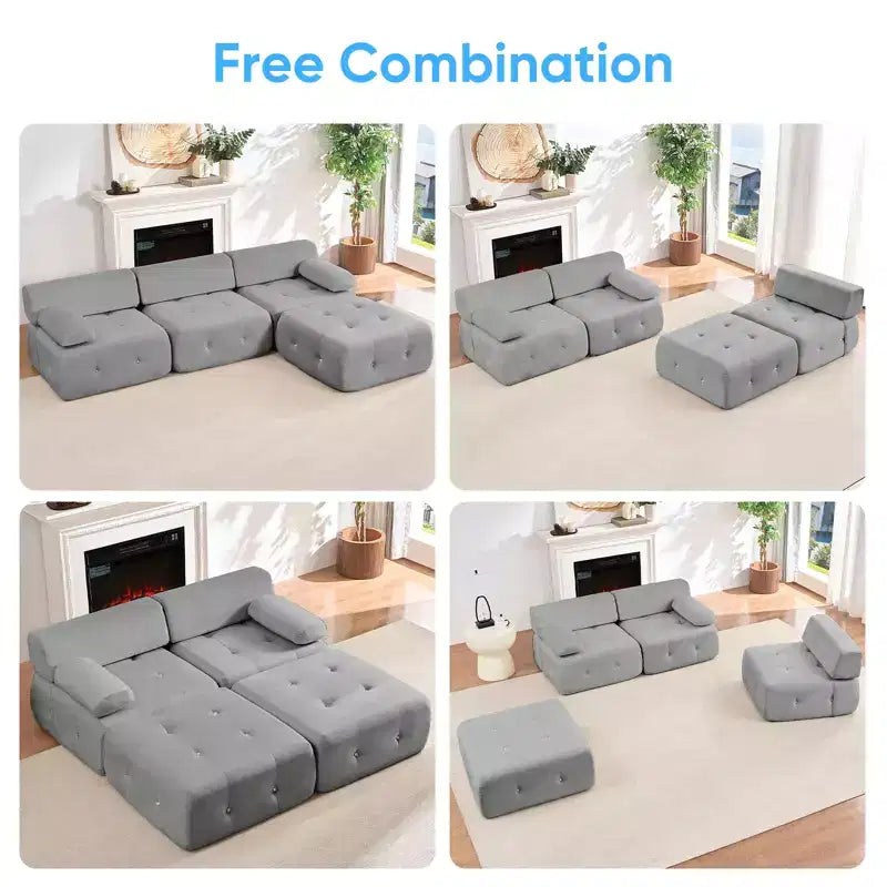 Mjkone L-Shaped Velvet 3-Seater Modular Sectional Sofa With Ottoman, Convertible Sofa Couches with Rivet Trim