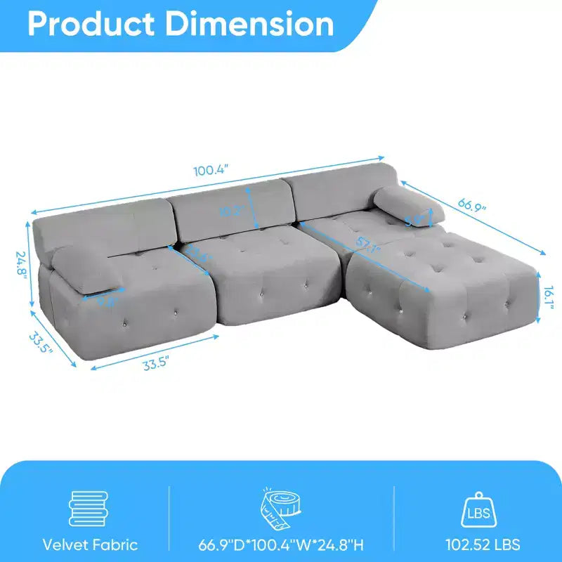 Mjkone L-Shaped Velvet 3-Seater Modular Sectional Sofa With Ottoman, Convertible Sofa Couches with Rivet Trim