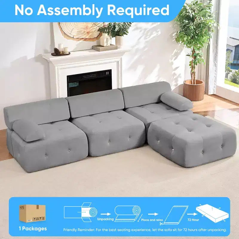 Mjkone L-Shaped Velvet 3-Seater Modular Sectional Sofa With Ottoman, Convertible Sofa Couches with Rivet Trim