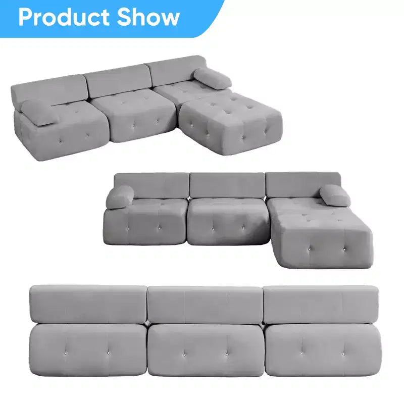 Mjkone L-Shaped Velvet 3-Seater Modular Sectional Sofa With Ottoman, Convertible Sofa Couches with Rivet Trim
