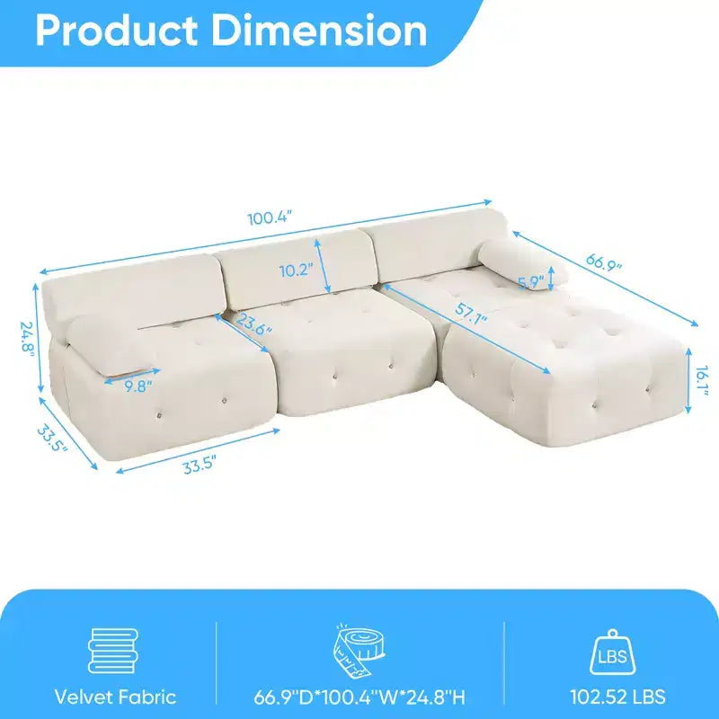 Mjkone L-Shaped Velvet 3-Seater Modular Sectional Sofa With Ottoman, Convertible Sofa Couches with Rivet Trim