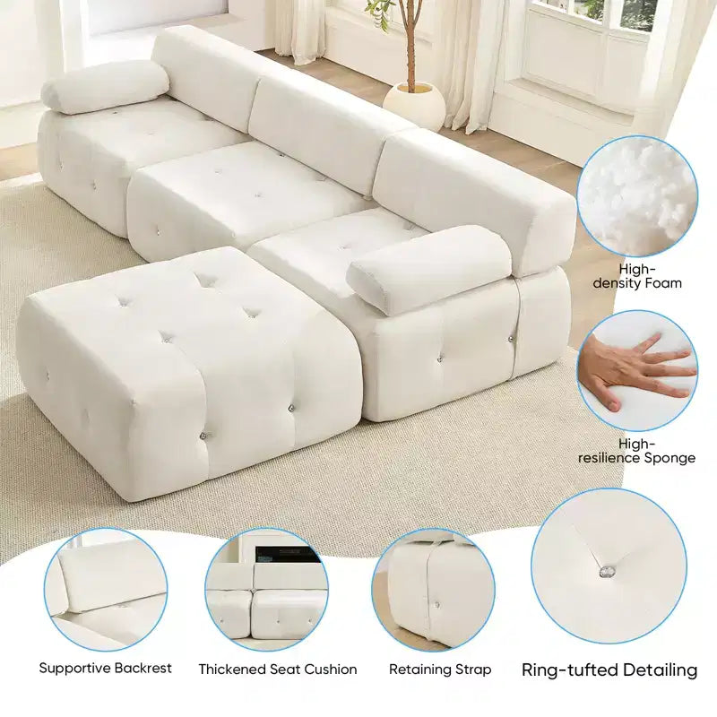 Mjkone L-Shaped Velvet 3-Seater Modular Sectional Sofa With Ottoman, Convertible Sofa Couches with Rivet Trim