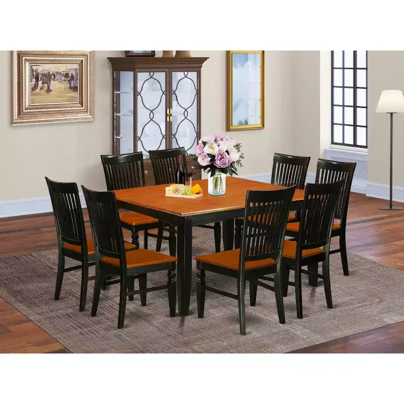 HomeStock Belmont 9 Pc Kitchen table set with a Dining Table and 8 Wood Seat Chairs in Black and Cherry