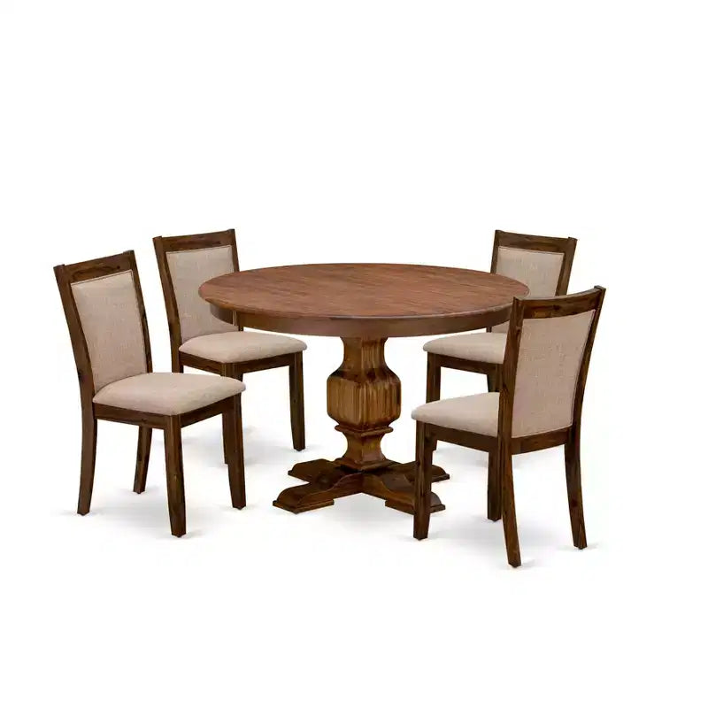 HomeStock Belmont 5-Piece Dinner Table Set - Pedestal Dining Table and 4 Light Tan Color Parson Dining Chairs with High Back - Antique Walnut Finish