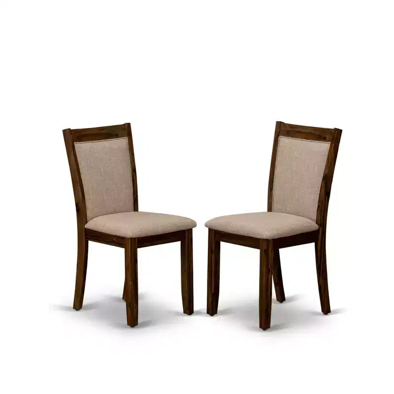 HomeStock Belmont 5-Piece Dinner Table Set - Pedestal Dining Table and 4 Light Tan Color Parson Dining Chairs with High Back - Antique Walnut Finish