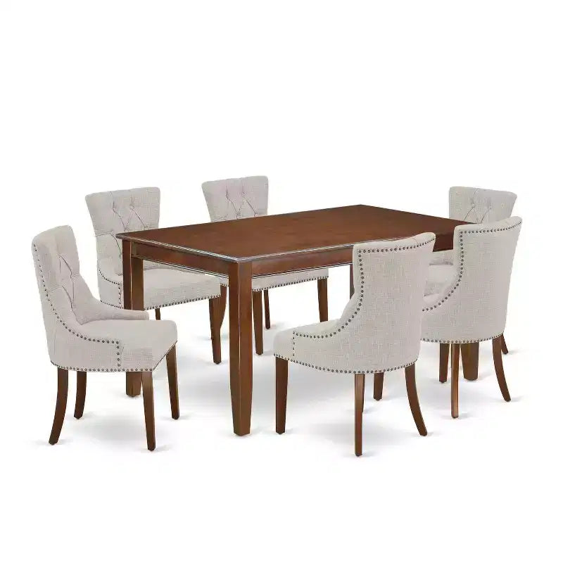 HomeStock Belmont 7 Piece Dining Set Consist of a Rectangle Dining Room Table , 6 Brown Linen Fabric Upholstered Parson Chairs, 36x60 Inch, Cappuccino