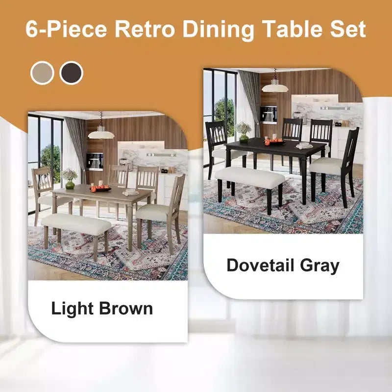 Farmhouse Dining Room Set for 6, 6 Pieces Wooden Rectangular Table and 4 Chairs with Bench for kitchen
