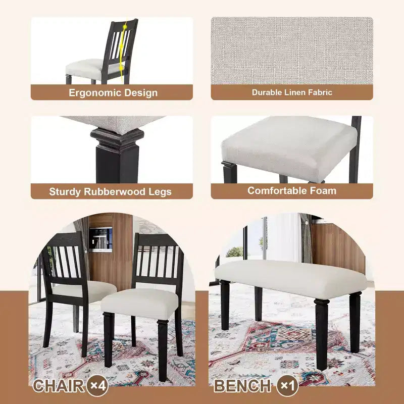 Farmhouse Dining Room Set for 6, 6 Pieces Wooden Rectangular Table and 4 Chairs with Bench for kitchen