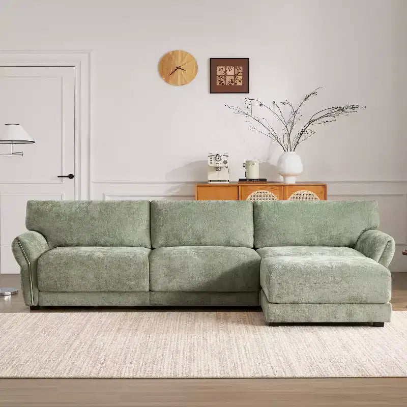 L-Shaped Sectional Sofa Set with Ottoman, 3-Seat Chenille Couch with Extra-Wide Seat and USB, 110