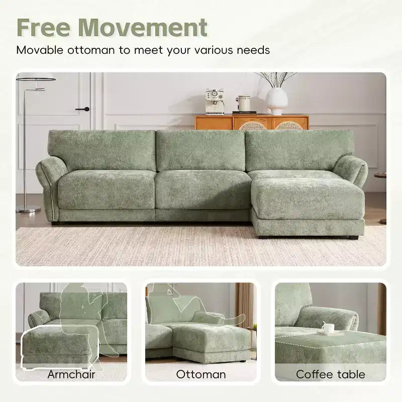 L-Shaped Sectional Sofa Set with Ottoman, 3-Seat Chenille Couch with Extra-Wide Seat and USB, 110
