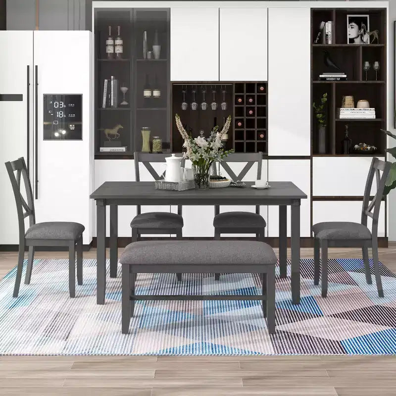 Farmhouse 6 Pieces Dining Set with Bench for 6, Wooden Rectangle Table and 4 Upholstered Chairs