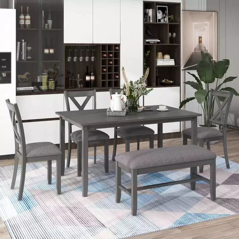 Farmhouse 6 Pieces Dining Set with Bench for 6, Wooden Rectangle Table and 4 Upholstered Chairs