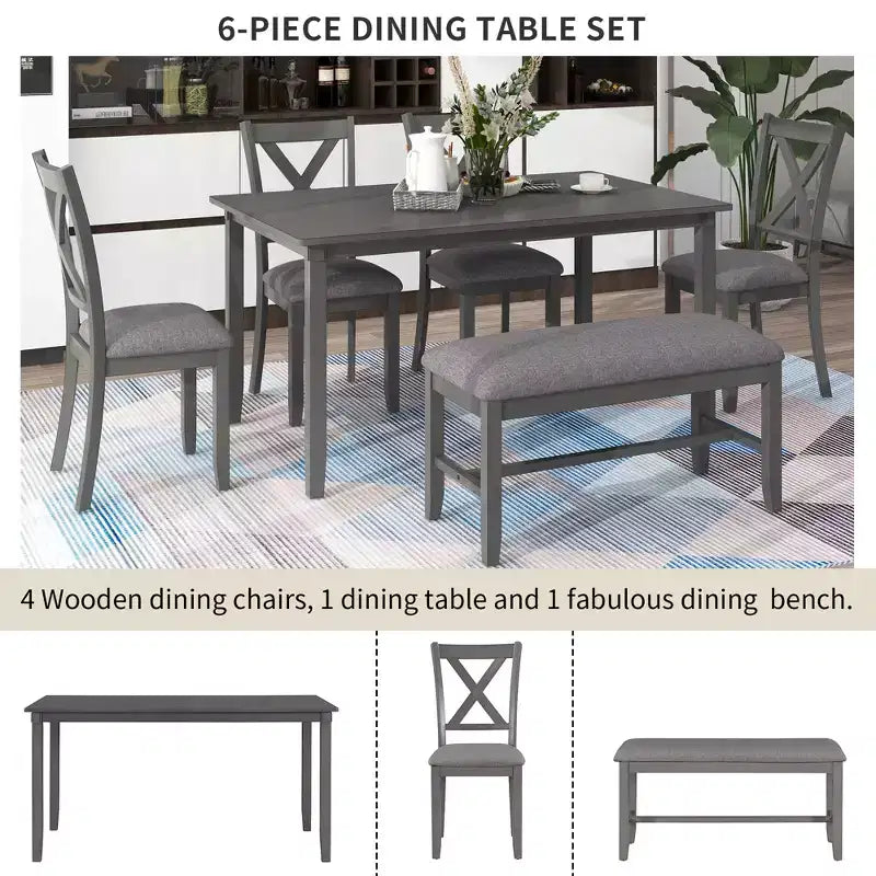 Farmhouse 6 Pieces Dining Set with Bench for 6, Wooden Rectangle Table and 4 Upholstered Chairs