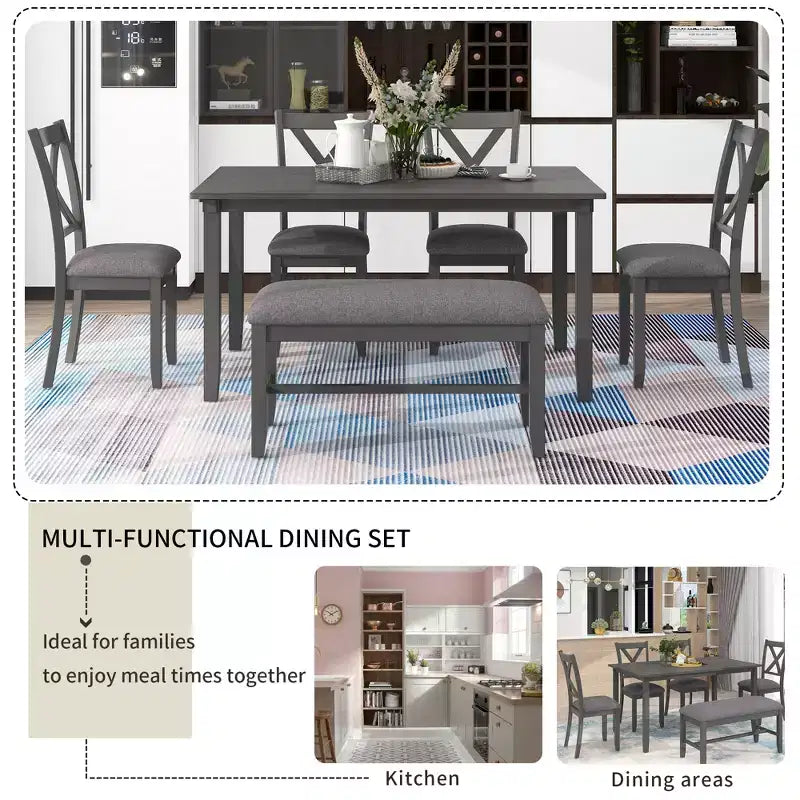 Farmhouse 6 Pieces Dining Set with Bench for 6, Wooden Rectangle Table and 4 Upholstered Chairs