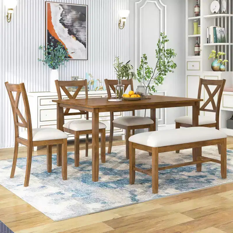 Farmhouse 6 Pieces Dining Set with Bench for 6, Wooden Rectangle Table and 4 Upholstered Chairs